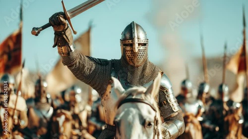 Knight's Victorious Charge: A valiant knight, armored and atop his steed, raises his sword in a triumphant display of leadership, surrounded by his loyal comrades in an epic historical scene.