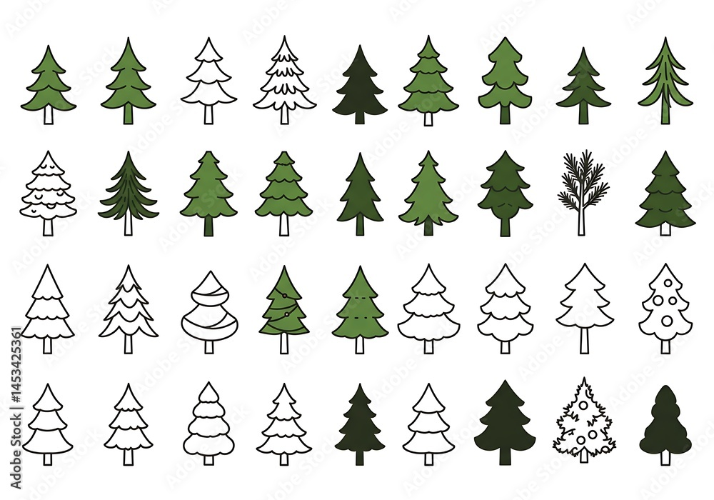 Obraz premium Charming Christmas Tree Icons: Green & White Line Art Set AI Generated