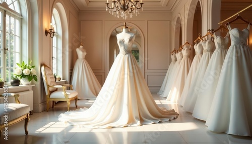 Luxurious bridal boutique interior, wedding dress showcased, accessories, bridal