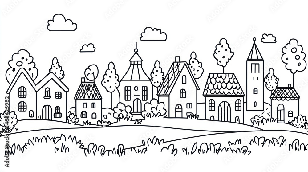 Fototapeta premium Charming village houses, sunny day, countryside, illustration
