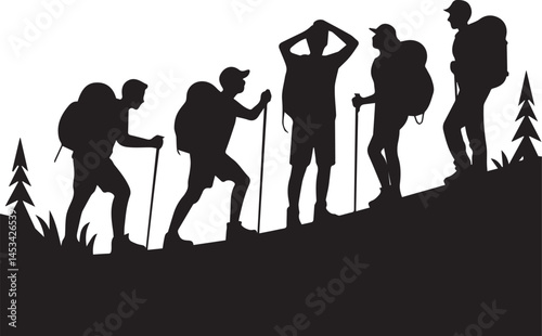 Silhouette of Tired Hikers Struggling on Mountain Trail" Silhouette Hikers on a Trail with Pine Trees