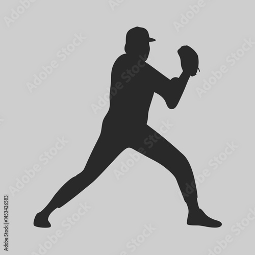 Powerful baseball pitcher silhouette poised for a throw dynamic stance simple black design on light grey background