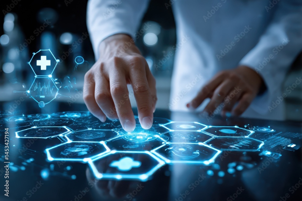Naklejka premium Doctor using a digital interface with medical icons and data analysis