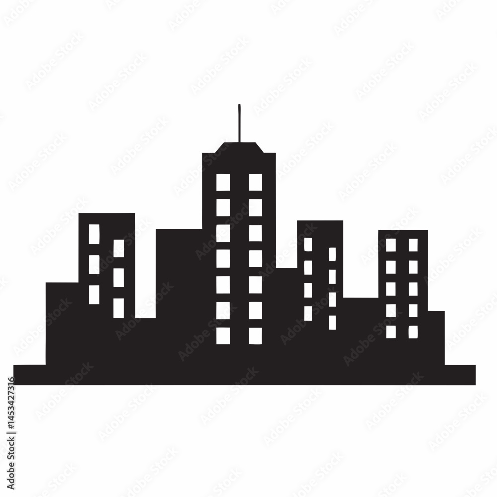 Obraz premium Simple Cityscape Icon Black Silhouette of Buildings against White Background Clean and Minimal Design Perfect for Urban