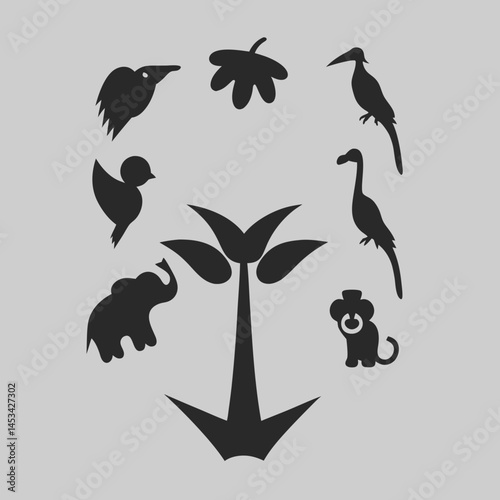 Elegant black silhouettes of birds elephant monkey around a palm tree simple minimalist design wildlife illustration