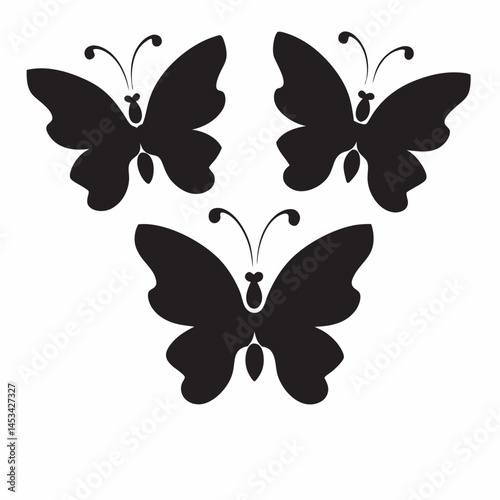 Elegant trio of black butterflies simple silhouette art minimalist design graphic art nature inspired insect motif white