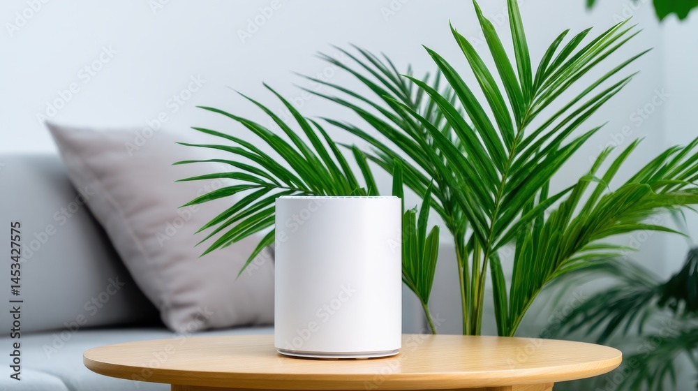 Modern white speaker on a wooden table surrounded by vibrant green plants in a bright living room Modern white speaker on a wooden table surrounded by vibrant green plants in a bright living room