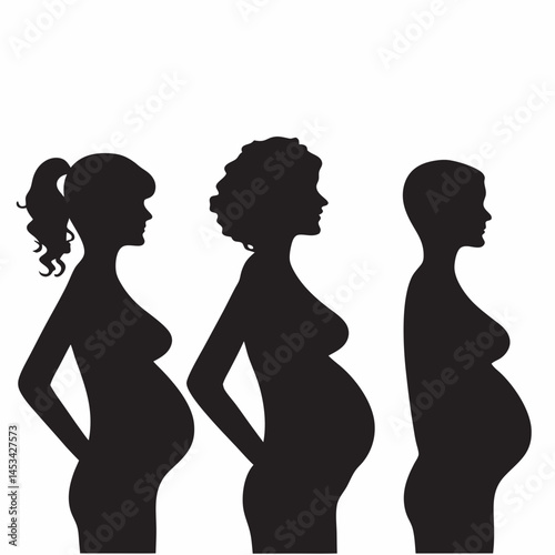 Three pregnant women silhouettes showcasing stages of pregnancy in simple black profile design against a white