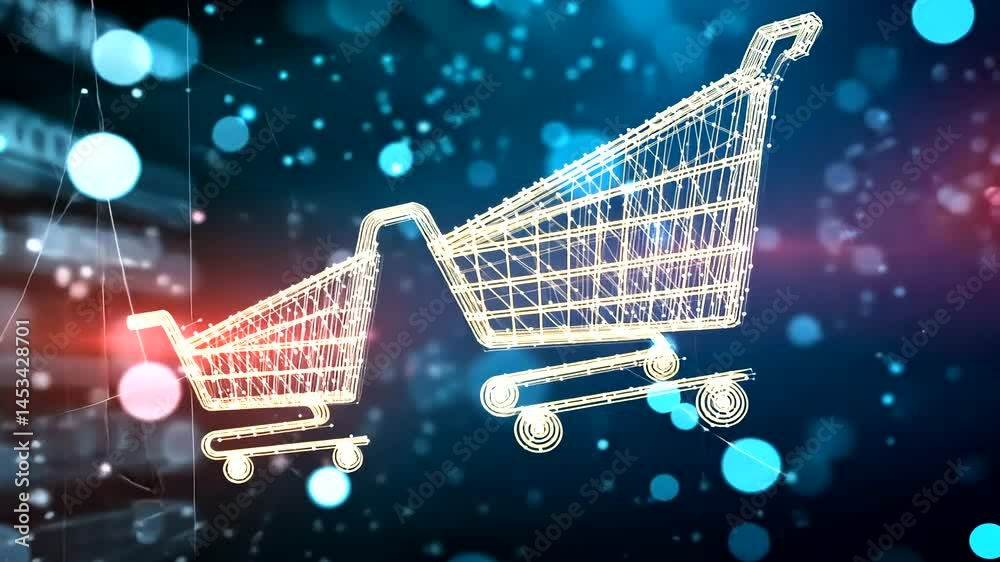 Digital shopping carts illuminated by colorful lights