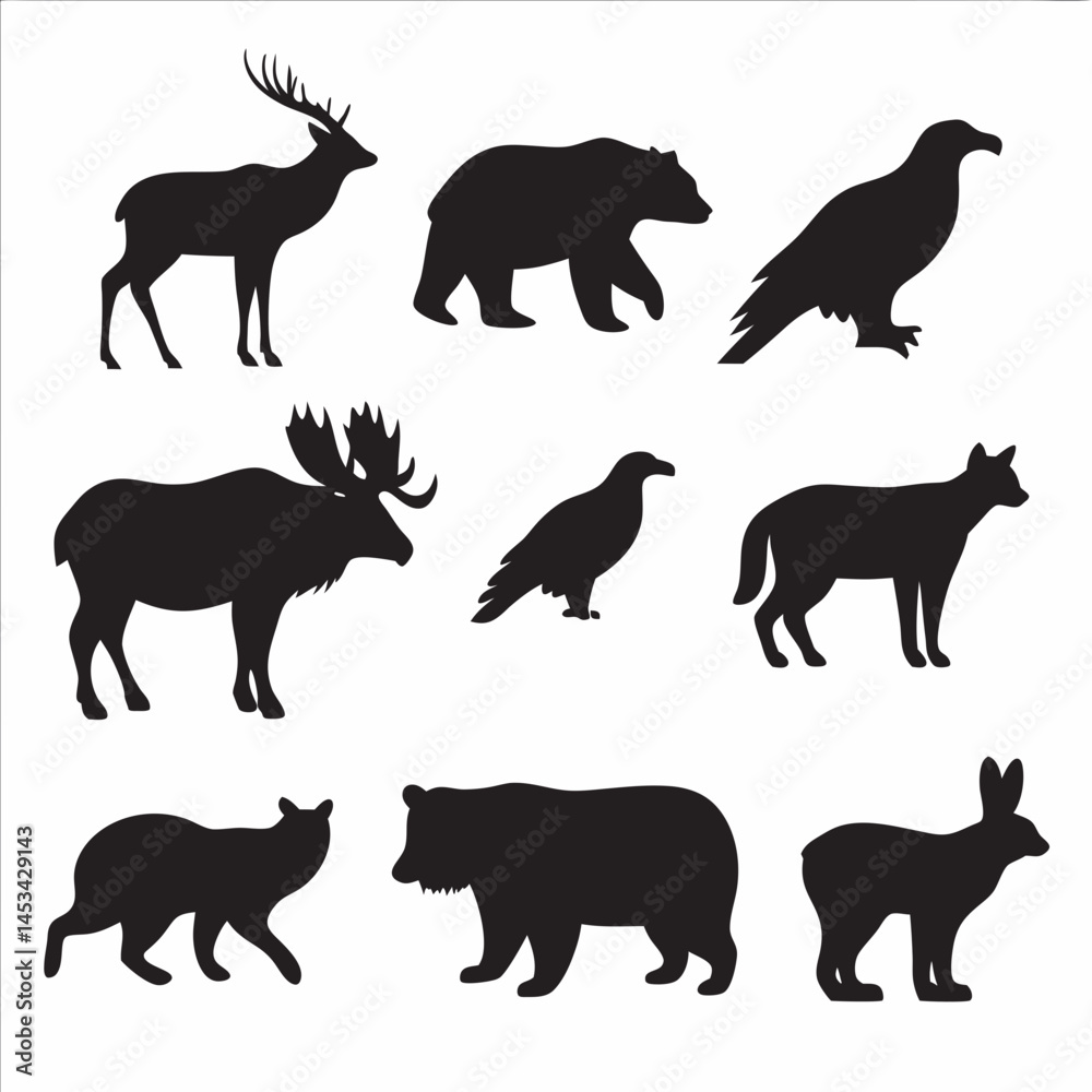 Fototapeta premium Majestic wildlife silhouettes deer bear eagle moose raven fox lynx rabbit bear black and white graphic design simple