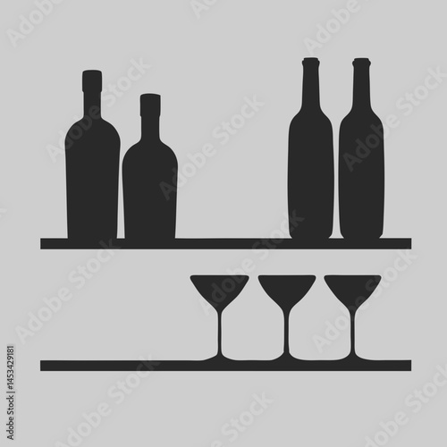 Stylish bar shelf silhouette with bottles and glasses minimalist design simple black graphic illustration