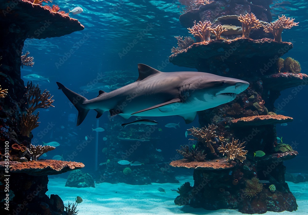 Fototapeta premium Ocean Majesty: Shark Among Coral Reefs AI Generated
