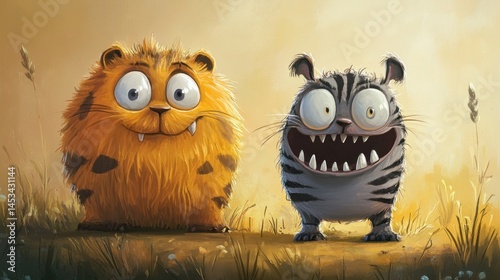 Fluffy cartoon animals, happy and friendly