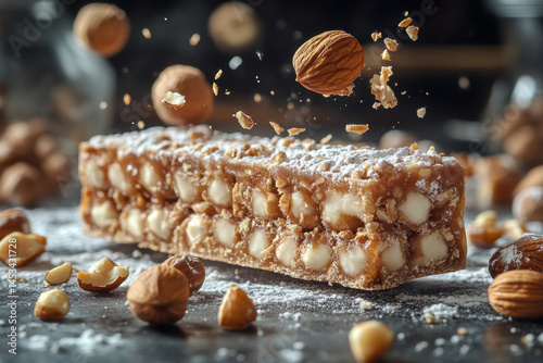 Almond bars topped with almonds and powder.