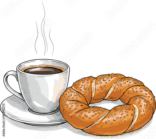 A detailed vector illustration shows a steaming cup of coffee next to a twisted bagel generously covered in sesame seeds, all rendered in a clean, graphic style.