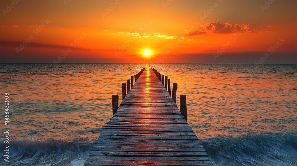Obraz premium Wooden Pier Leading to Ocean at Sunrise with Orange Sky