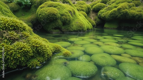 Close-up of Green Moss Growing in Water – Natural Texture and Eco Background, green moss covered with moss