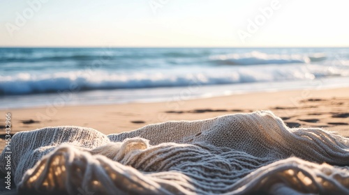Fototapeta Naklejka Na Ścianę i Meble -  Close-up of a knitted blanket on a sandy beach with ocean waves.
