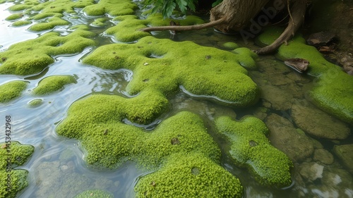 Close-up of Green Moss Growing in Water – Natural Texture and Eco Background, green moss covered with moss