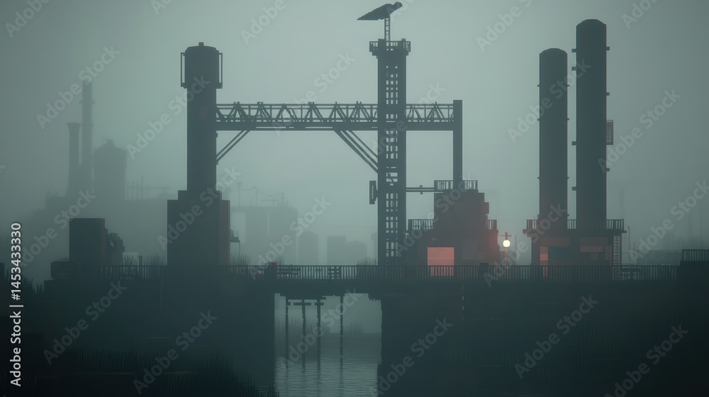 Fototapeta premium Industrial scene foggy bridge silhouette dark atmosphere factory structures water steel pipes