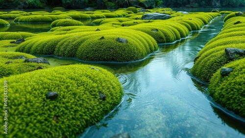 Close-up of Green Moss Growing in Water – Natural Texture and Eco Background, green moss covered with moss