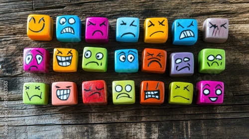 Wooden cubes with different emotions drawn on them shown on wood