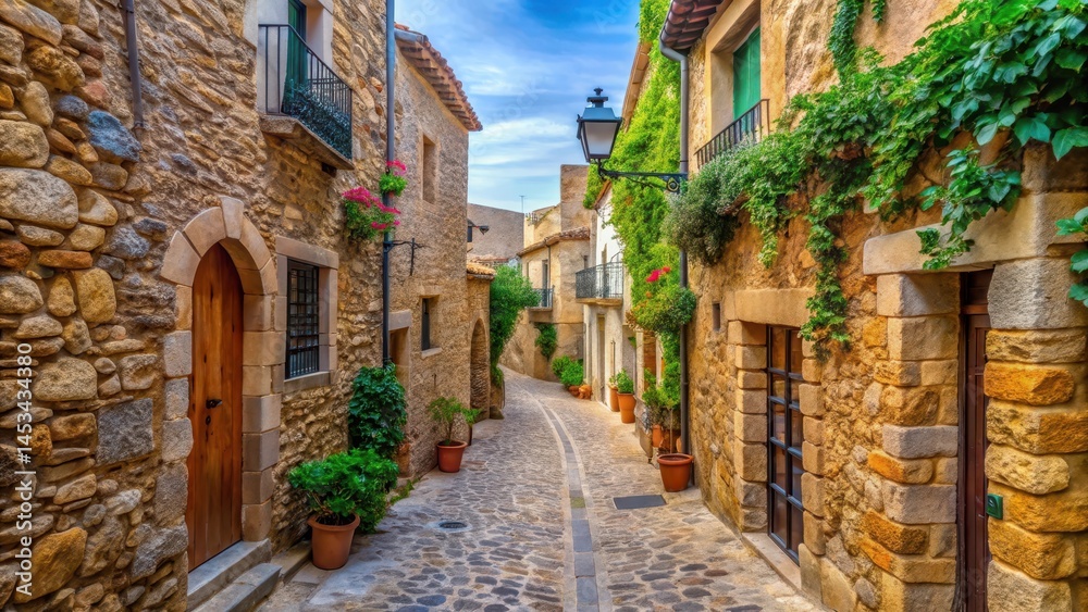 Fototapeta premium Ancient stone walls and narrow streets of Calella de Palafrugell old town, spanish countryside, calella de palafrugell