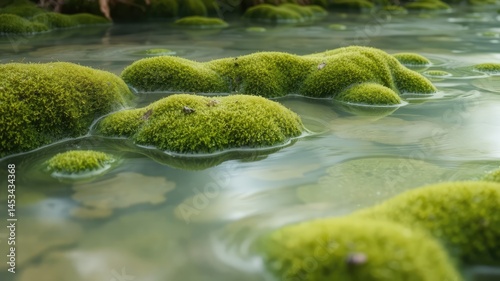 Close-up of Green Moss Growing in Water – Natural Texture and Eco Background, green moss covered with moss