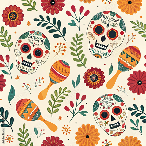 Festive Dia de los Muertos Pattern with Skulls Maracas and Floral Elements