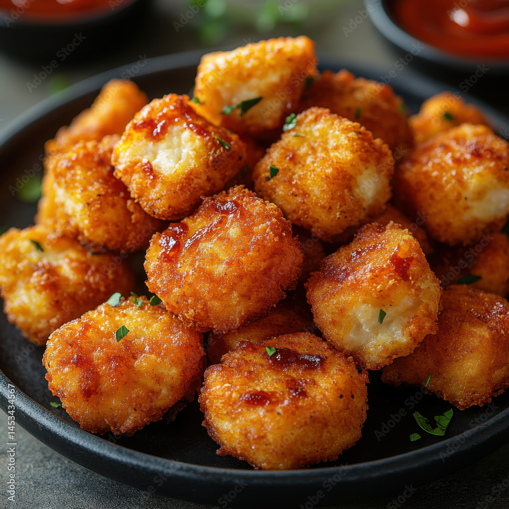 Fried shrimp bites on a plate with sauce. Fried shrimp bites on a plate with sauce.