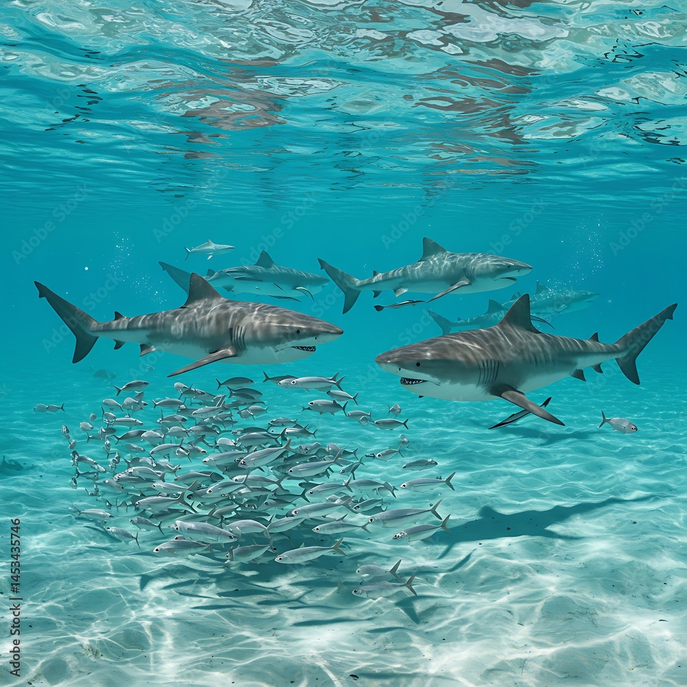 Naklejka premium Tiger Sharks' Underwater Realm: Crystal Waters, Silver Bait AI Generated