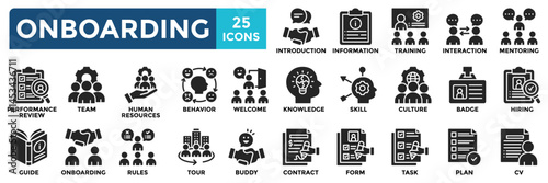 Onboarding icon collection set. Containing hiring, welcome, introduction, training, interaction, mentoring, performance review icon. Simple solid vector illustration.