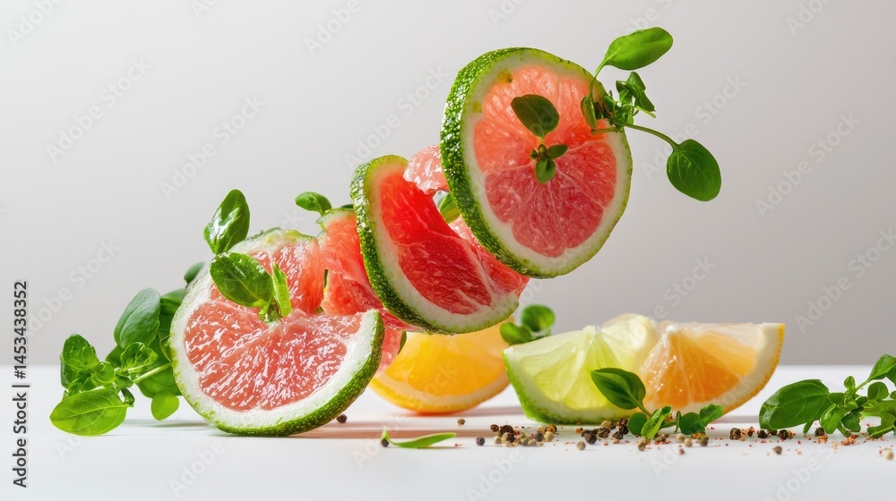 Naklejka premium Fresh Citrus Slices with Herbs Floating Above a Light Background