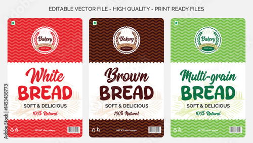 Bread packaging design template, bread and bakery products logo design sticker label design, fresh white brown and multigrain bread labels design editable vector print ready template file download