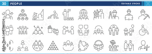 A set of line icons related to People. Jobs, people, child, elderly, population, disable, and so on. Vector editable stroke.