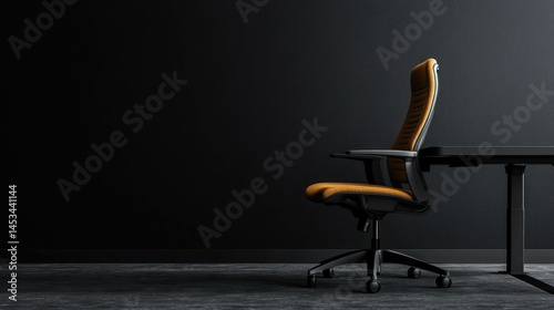 Modern ergonomic office chair with black desk against dark background