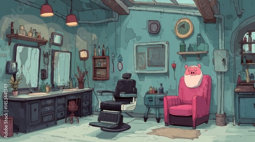 Whimsical Barbershop Interior with Cartoon Pig in Chair