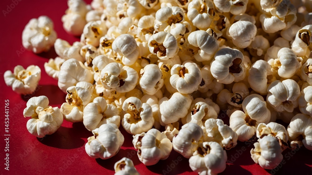 Delicious Buttery Popcorn Pile Close up Shot on Red Background Movie Snack Food Delicious Buttery Popcorn Pile Close up Shot on Red Background Movie Snack Food