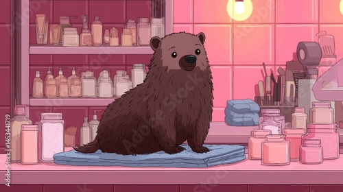 Cute Cartoon Animal on Table Surrounded by Colorful Cosmetics