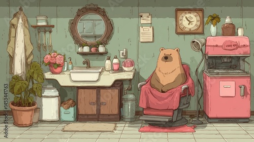 Cozy Bathroom with Cartoon Bear Sitting in Hair Salon Chair