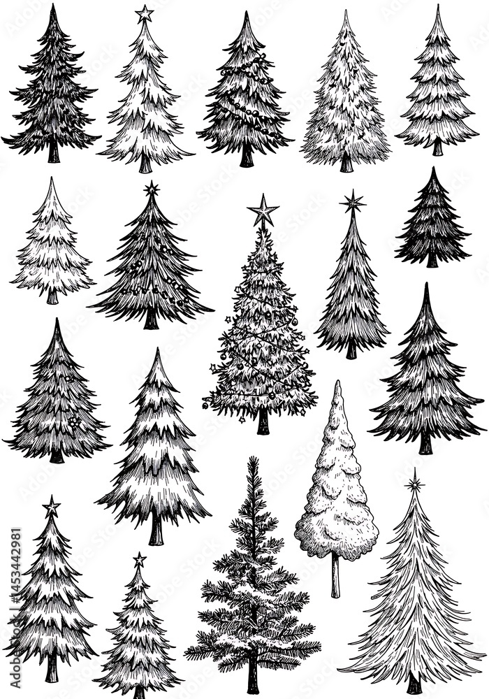 Obraz premium Hand-Drawn Christmas Trees: Ink Sketch Collection AI Generated