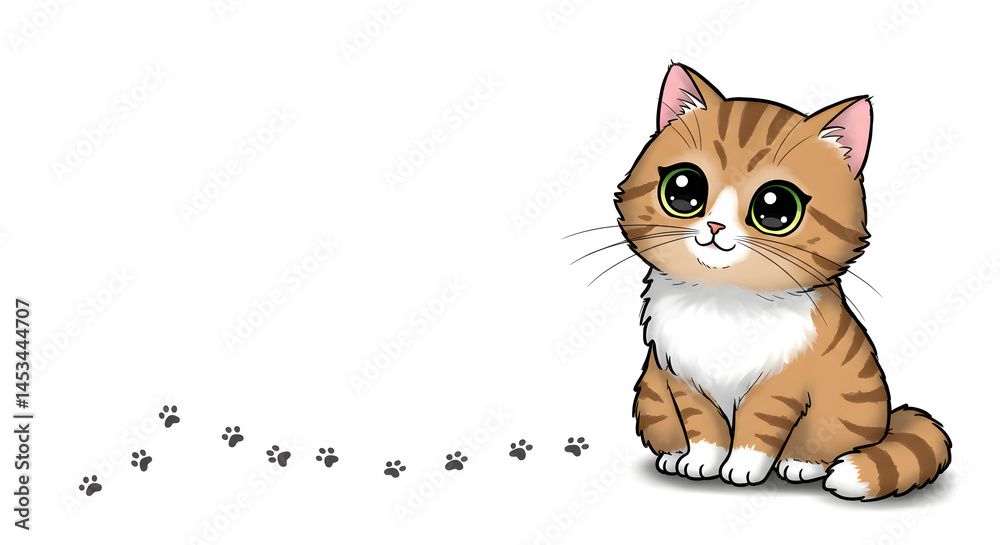 Fototapeta premium Cute Cartoon Cat on White Copy Space Background.
