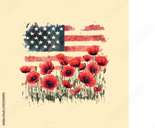 Watercolor Poppy Flowers with American Flag for Memorial Tribute Vector,Generative Ai