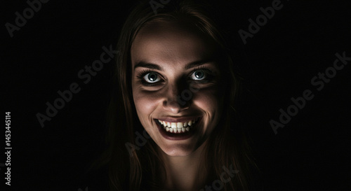 Woman's Intense Smiling Face in Dark with Wide Eyes and Teeth