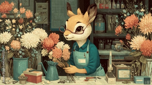 Whimsical Animal Florist in a Colorful Flower Shop Setting