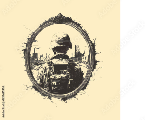 Conceptual Soldier Reflection with War Scene Inside Mirror Vector,Generative Ai