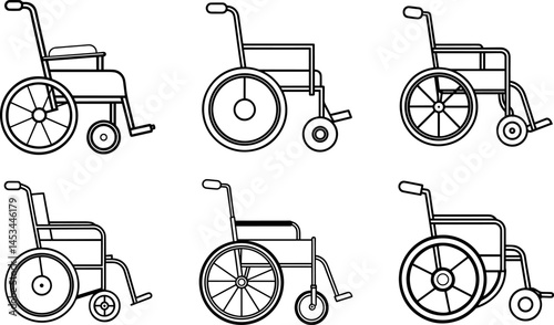 Set of wheelchair outline vector illustration, line art