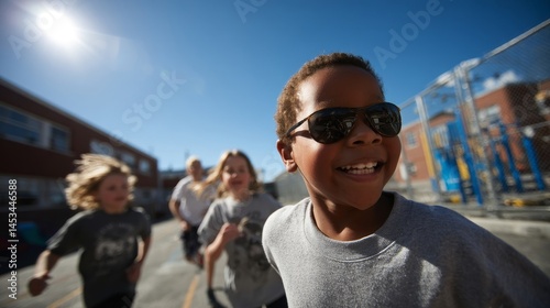 Happy children running outdoors on a sunny day at school playground