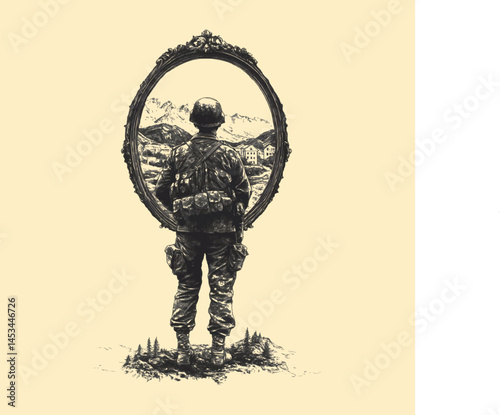 Conceptual Soldier Reflection with War Scene Inside Mirror Vector,Generative Ai