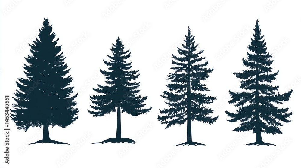 Obraz premium Four Conifer Silhouettes Against White